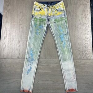 Navie distressed hand-painted designed ripped blue denim jeans in size small